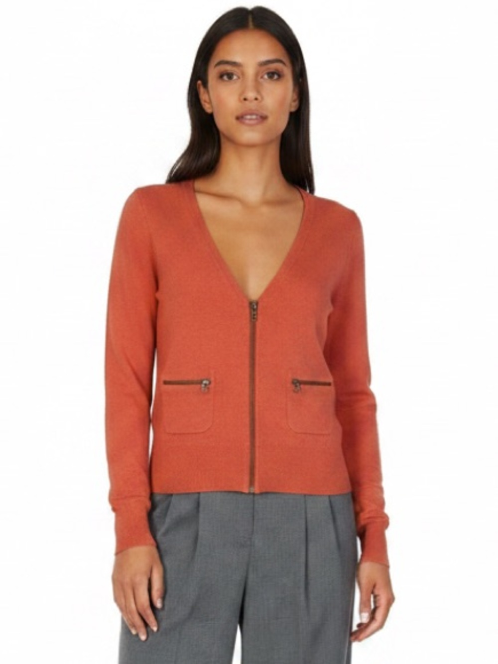 J. Crew Bright Coral Zip-Front V-Neck Cardigan. Wool/Cashmere blend